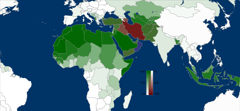 Mapa rozšíření islámu - v červeně vyznačených oblastech převažují ší‘ité, v zeleně vyznačených převažují sunnité.